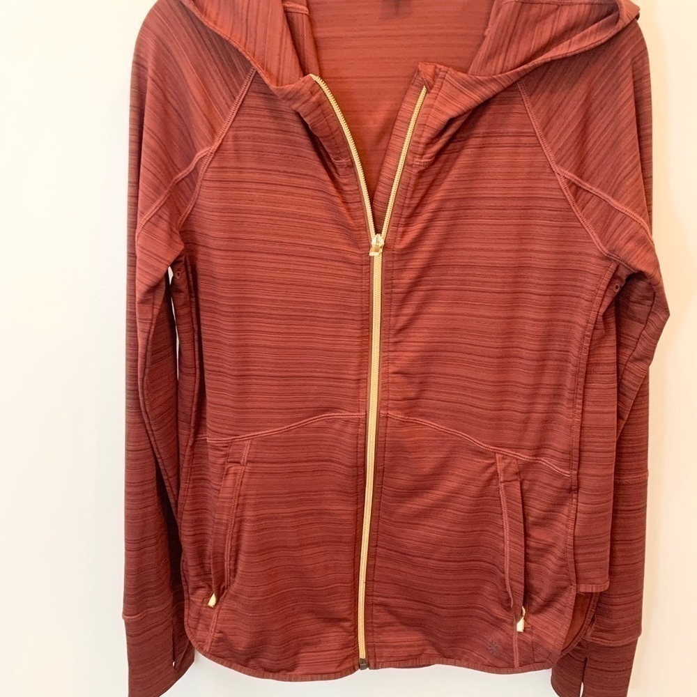 🖤ATHLETA lightweight jacket Gold Zipper trim with pockets and hood. Size SP. - Picture 2 of 7